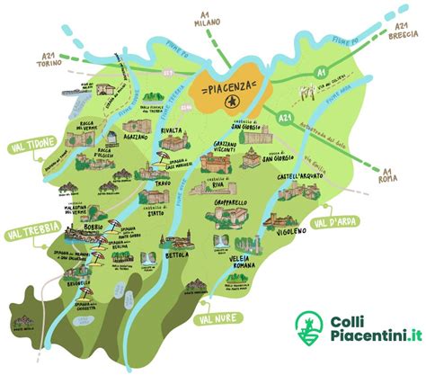 Mappa dei Colli Piacentini con indicazione delle zone vitivinicole
