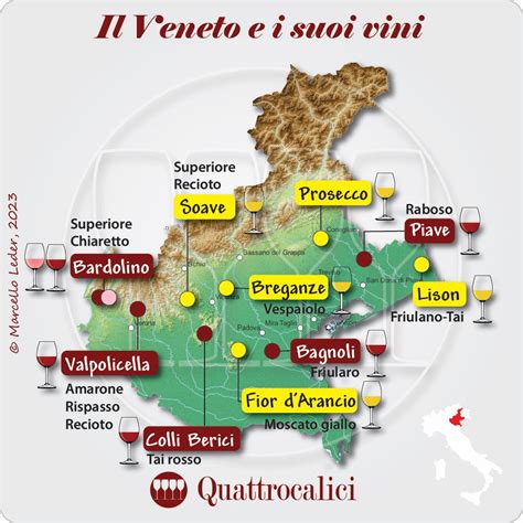 Mappa della regione Veneto, con evidenziate le zone di produzione di Prosecco e Pinot Grigio