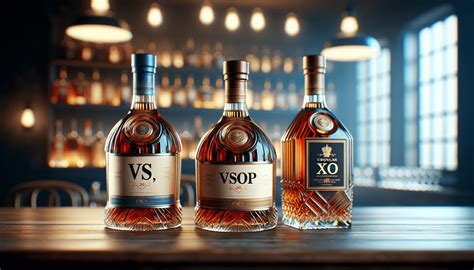 Diverse bottiglie di Cognac con etichette che mostrano le classificazioni VS, VSOP, XO