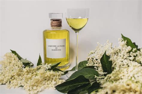 Bottiglie di liquore ai fiori di sambuco in una cantina