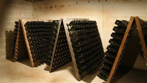 Bottiglie di Champagne in pupitres (cavalletti) per il remuage manuale