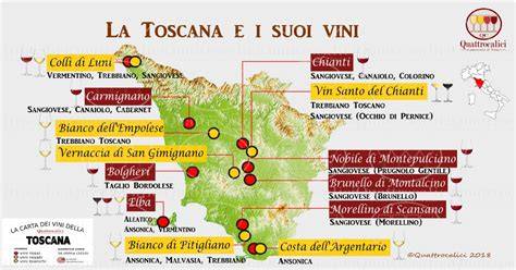 Mappa della Toscana con evidenziate le zone vinicole di Montecucco e Montepulciano