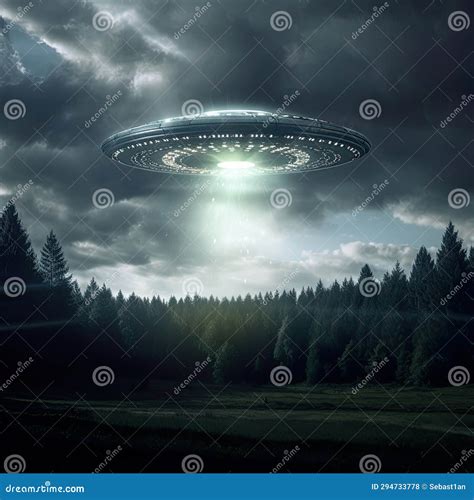Illustrazione stilizzata di un UFO sopra un paesaggio