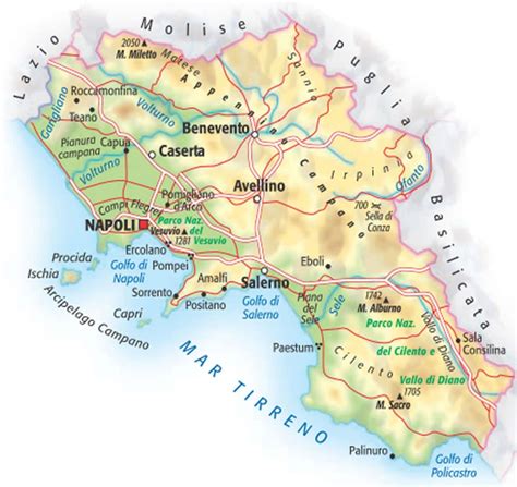 Mappa della regione Campania con evidenziate le zone di produzione vinicola
