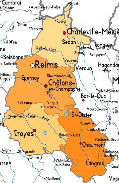 Mappa della regione Champagne con evidenziate le sottozone