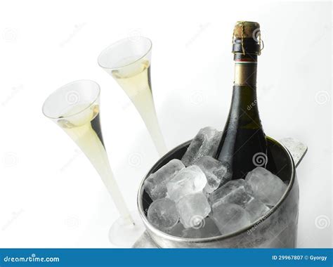 Secchiello del ghiaccio pieno di ghiaccio e acqua con una bottiglia di vino bianco