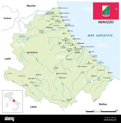 Mappa della regione Abruzzo con evidenziate le principali zone vitivinicole