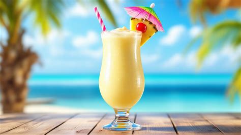 Un bicchiere di Piña Colada decorato con ananas e ciliegina