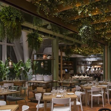 Giardino interno di un ristorante con luci soffuse e piante