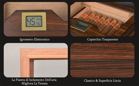 Dettaglio interno di un humidor con sigari e umidificatore elettronico