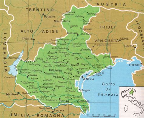 mappa della regione Veneto che evidenzia le colline di Treviso
