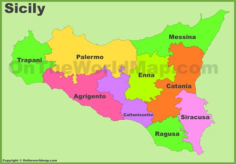 Mappa della Sicilia con evidenziate le province di coltivazione del Grillo