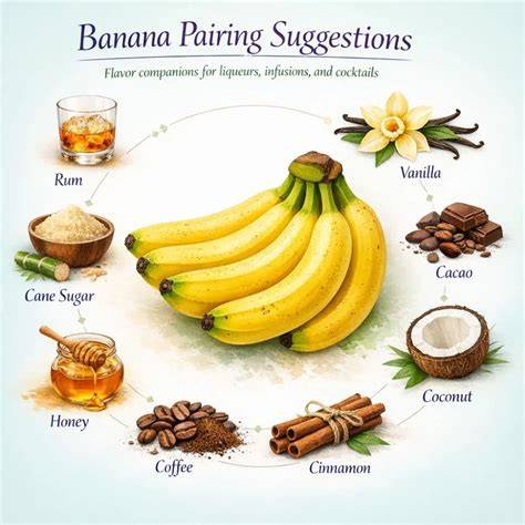 Various ingredients for making banana liqueur: bananas, rum, spices