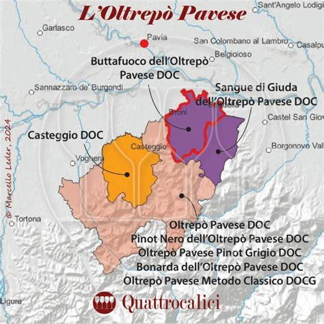 Mappa dell'Oltrepò Pavese con evidenziate le zone vitivinicole