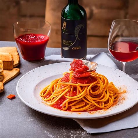Bicchiere di vino rosso Primitivo con un piatto di pasta