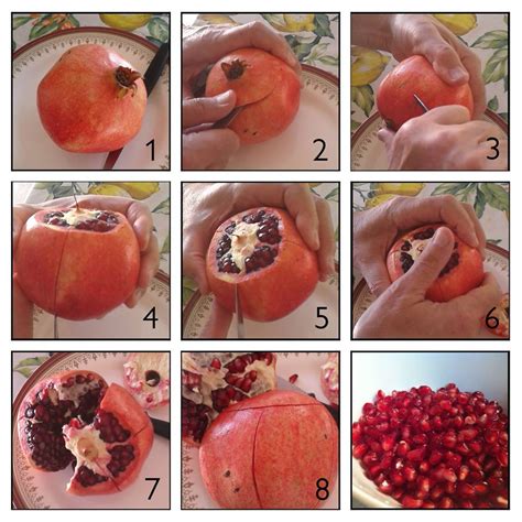 Mani che sgranano un melograno con guanti in lattice