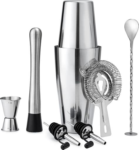 Set di attrezzi per cocktail: shaker, jigger, muddler, bar spoon