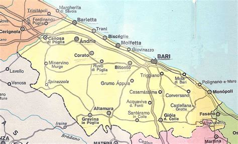 Mappa della provincia di Bari con i comuni delle enoteche menzionate