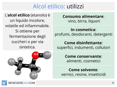 Diagramma che illustra le diverse applicazioni dell'alcol etilico