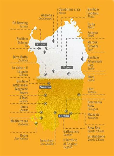Mappa della Sardegna con evidenziati i birrifici artigianali