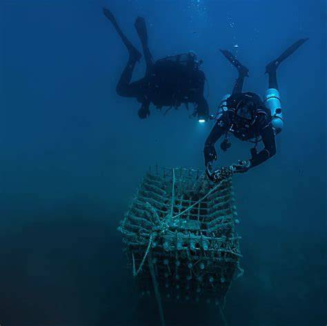Illustrazione di una gabbia con bottiglie immerse in mare