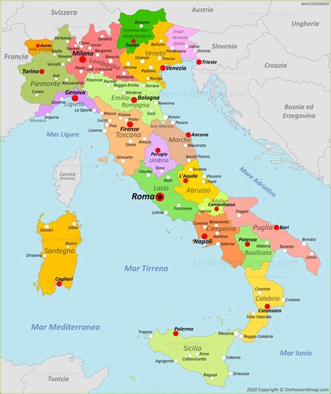 Mappa dell'Italia con evidenziate le principali regioni vitivinicole