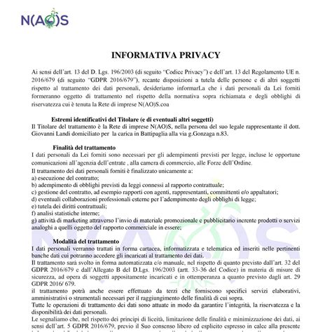 un documento di informativa sulla privacy