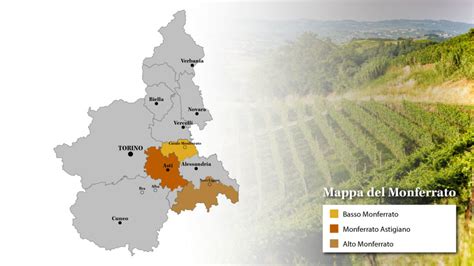 Mappa del Monferrato con evidenziate le zone vitivinicole