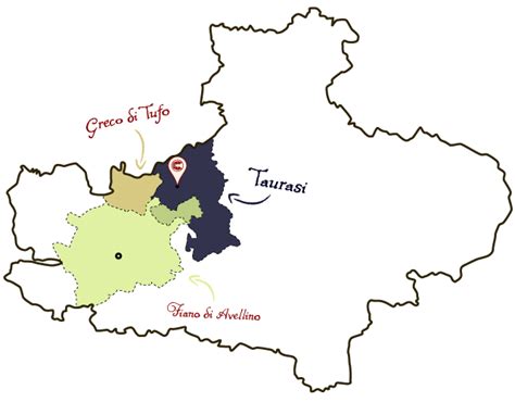 Mappa dell'Irpinia che evidenzia le zone DOCG di Taurasi, Greco di Tufo e Fiano di Avellino
