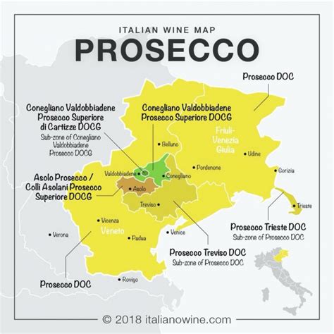 Mappa delle province di Treviso e Trieste, con evidenziata l'area di produzione del Prosecco DOC