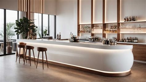 Interno di un locale moderno con elementi in legno e un bancone bar
