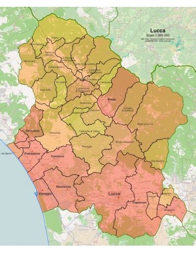 Mappa della provincia di Lucca con evidenziate le aree di maggiore concentrazione industriale.