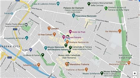 Mappa di Ferrara con evidenziati Palazzo dei Diamanti e Castello Estense