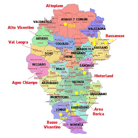 Mappa della provincia di Vicenza con evidenziate le zone vinicole
