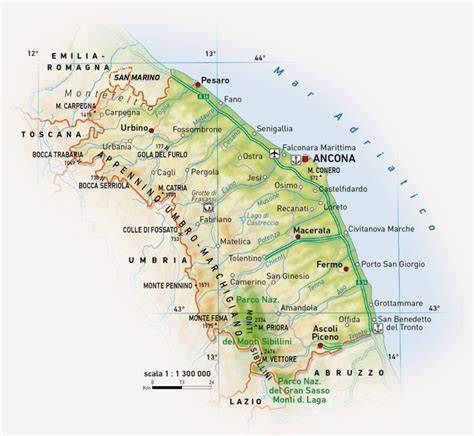 Una mappa dell'Italia centrale che evidenzia le regioni di Abruzzo e Marche