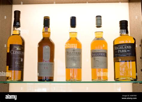 A selection of fine whiskies on a bar shelf