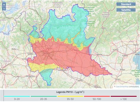 Mappa della Pianura Padana con evidenziate le aree ad alto inquinamento atmosferico