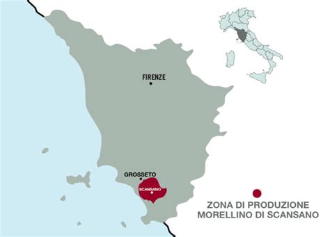Mappa della Maremma Toscana con evidenziata l'area di produzione del Morellino di Scansano