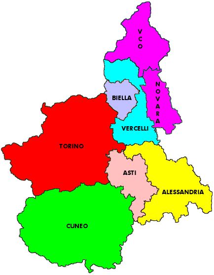 Mappa del Piemonte con evidenziate le province di Cuneo, Asti e Alessandria