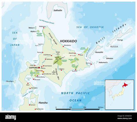 Mappa dell'isola di Hokkaido, Giappone