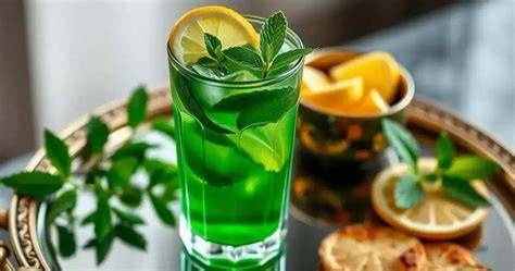 cocktail verde brillante in un bicchiere alto con guarnizione di ciliegia e fetta di limone