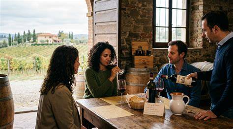 Gruppo di persone che degustano vino in una cantina
