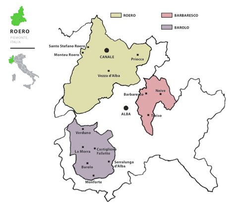 Mappa delle Langhe con evidenziate le zone di Barolo, Barbaresco e Roero