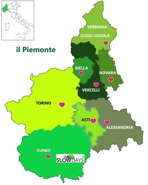 Mappa del Piemonte con evidenziate le zone di produzione del Dolcetto