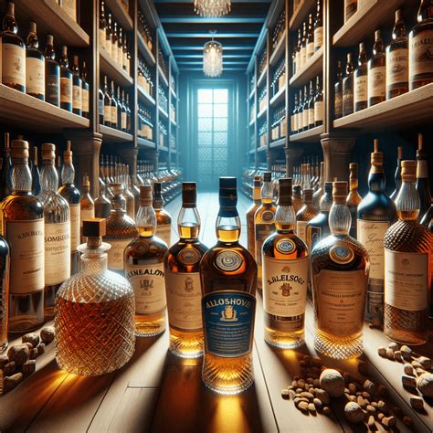 Bottiglie di whisky e cognac esposte in una cantina